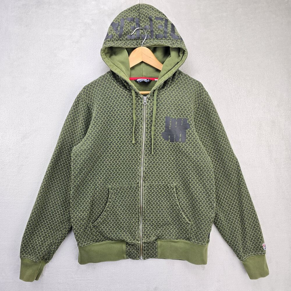 Undefeated Full Zip Hoodie Sweatshirt Mens Large Green Houndstooth AOP Y2K Vtg